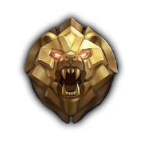 A stylized, golden lion head emblem inspired by mobile legends ranks, featuring glowing red eyes and an open mouth showing fangs, set against a white background.