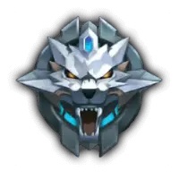 A stylized, metallic wolf head emblem with sharp edges, glowing blue accents, and an open mouth displaying fangs, inspired by the fierce symbols of Mobile Legends ranks, set against a circular dark background.