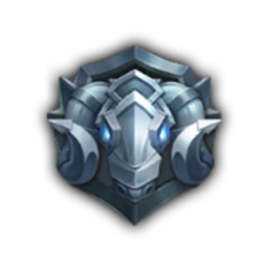 A stylized silver ram’s head emblem with glowing blue eyes, set on a dark, shield-shaped background. The design features prominent horns and geometric lines, reminiscent of mobile legends ranks' powerful icons.