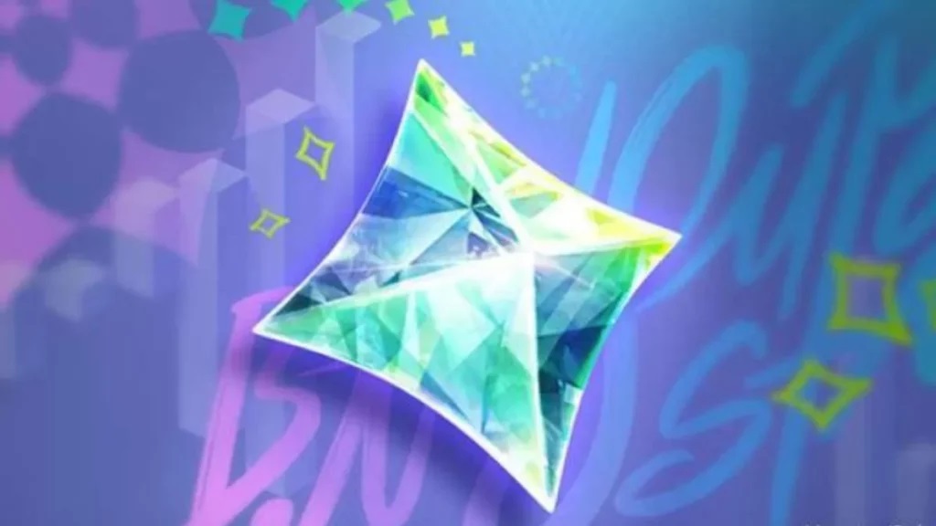A sparkling, multi-faceted gem with blue and green hues floats against a colorful, abstract background with geometric shapes, graffiti-style text, and bold Moskov ALLSTAR 2024 phase 2 vibes.