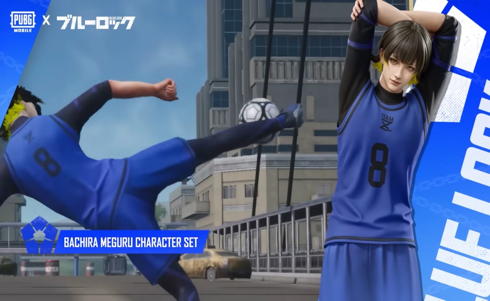 PUBG Mobile x Blue Lock Bachira Meguru character set in blue jersey