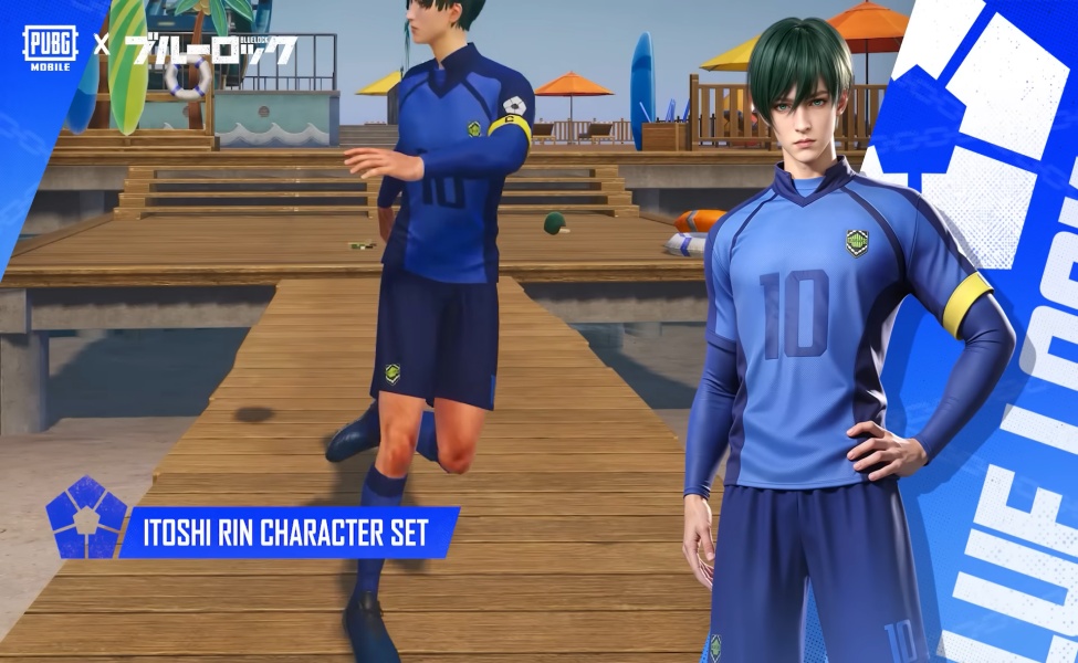 PUBG Mobile x Blue Lock Itoshi Rin character set in blue jersey