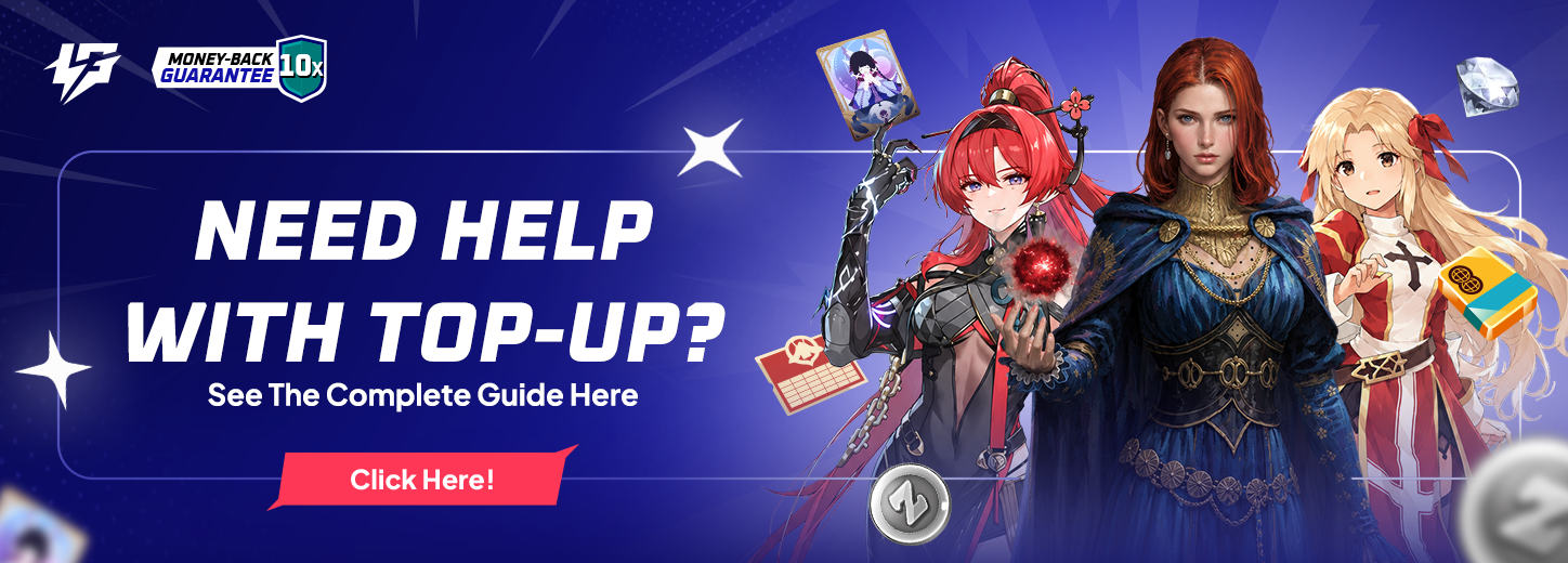 Guide banner for game top-up help with anime characters