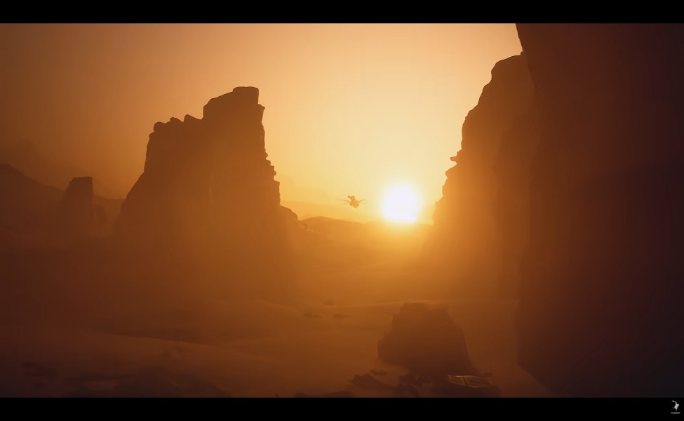 Dune Awakening desert landscape with rocky cliffs and sunset sky