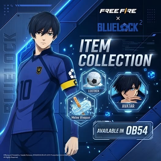 Free Fire x Blue Lock OB54 item collection with Rin Itoshi skin