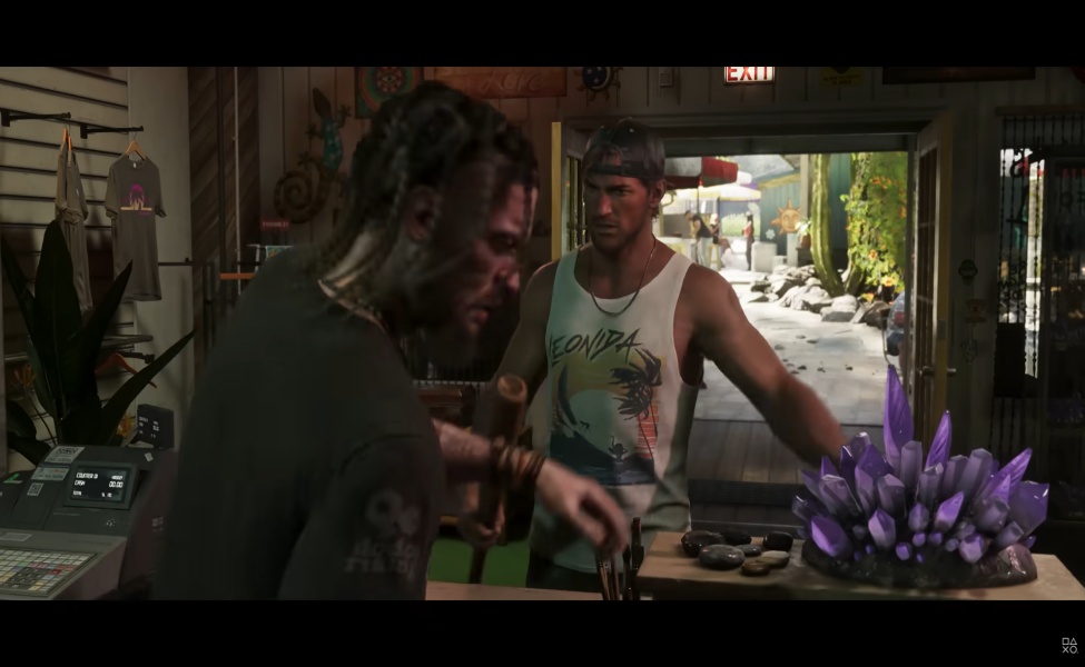 GTA VI gameplay screenshot showing two characters in a shop on PS5