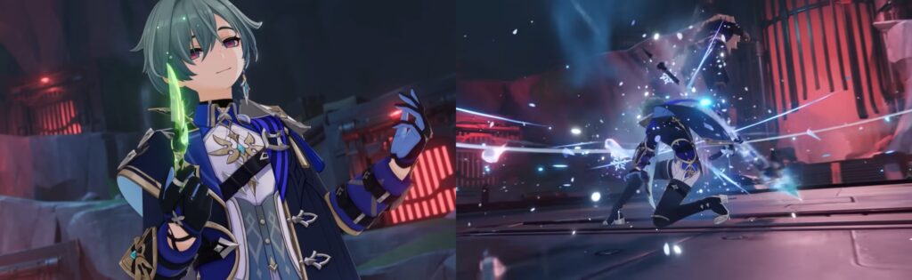 Lohen Genshin Impact character in blue coat wielding glowing blade
