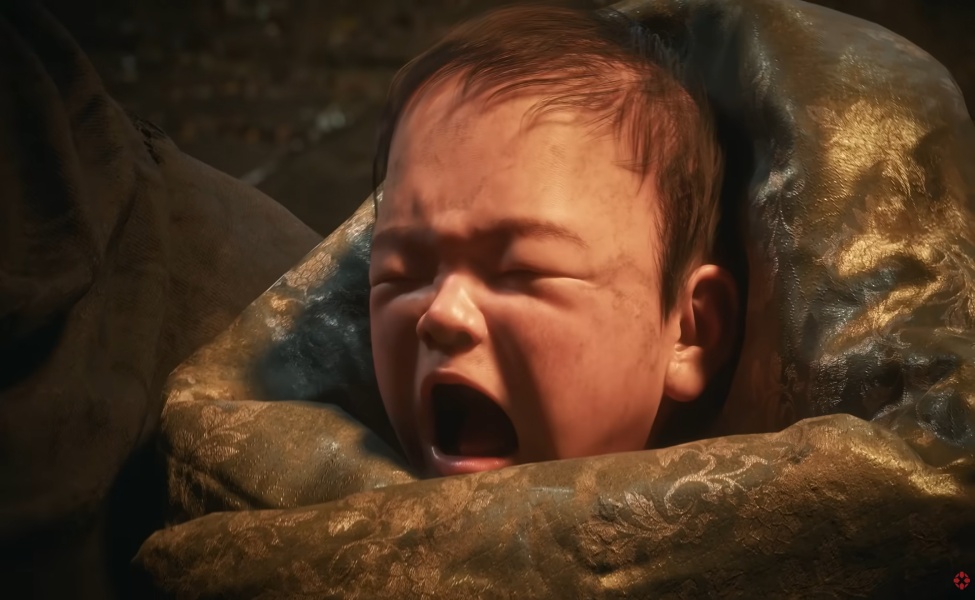 Crying newborn baby in golden cloth from Phantom Blade Zero PS5