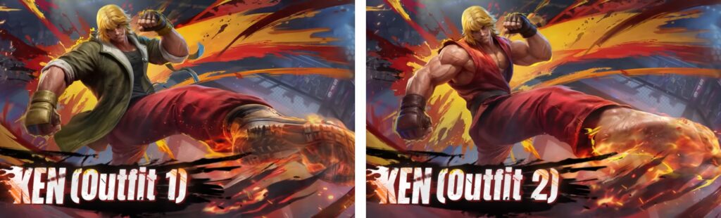Ken Outfit 1 and Outfit 2 comparison in Street Fighter MLBB skin