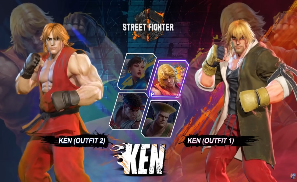Street Fighter 6 Ken character select screen showing two outfits