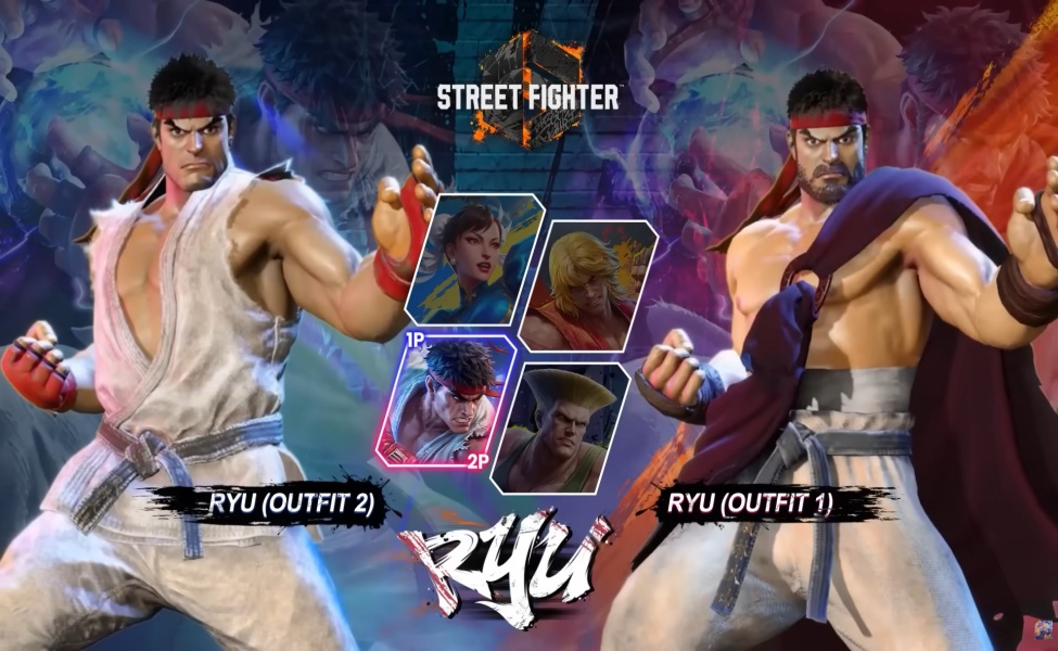 Street Fighter 6 character select screen showing Ryu Outfit 1 and Outfit 2